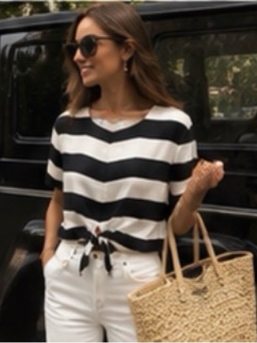 Tibi Pearl Striped Tie Front Blouse Black White Designer Top XS